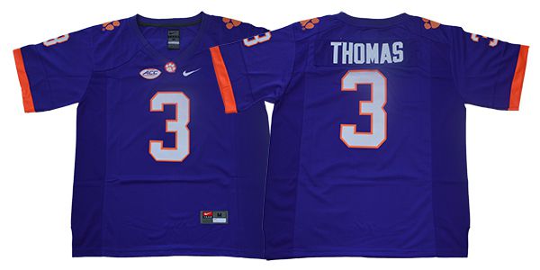 Men Clemson Tigers #3 Thomas Purple Nike NCAA Jerseys